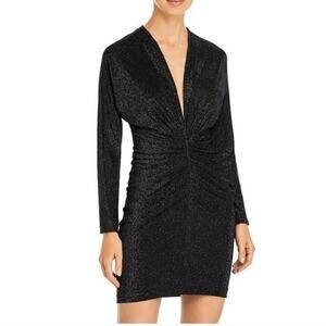 IRO Paris Riga Dress Black Metallic Shimmer V Neck Ruched Long Sleeve Mini XS 34